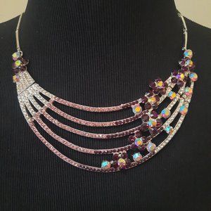 Purple Rhinestone Bib Statement Necklace